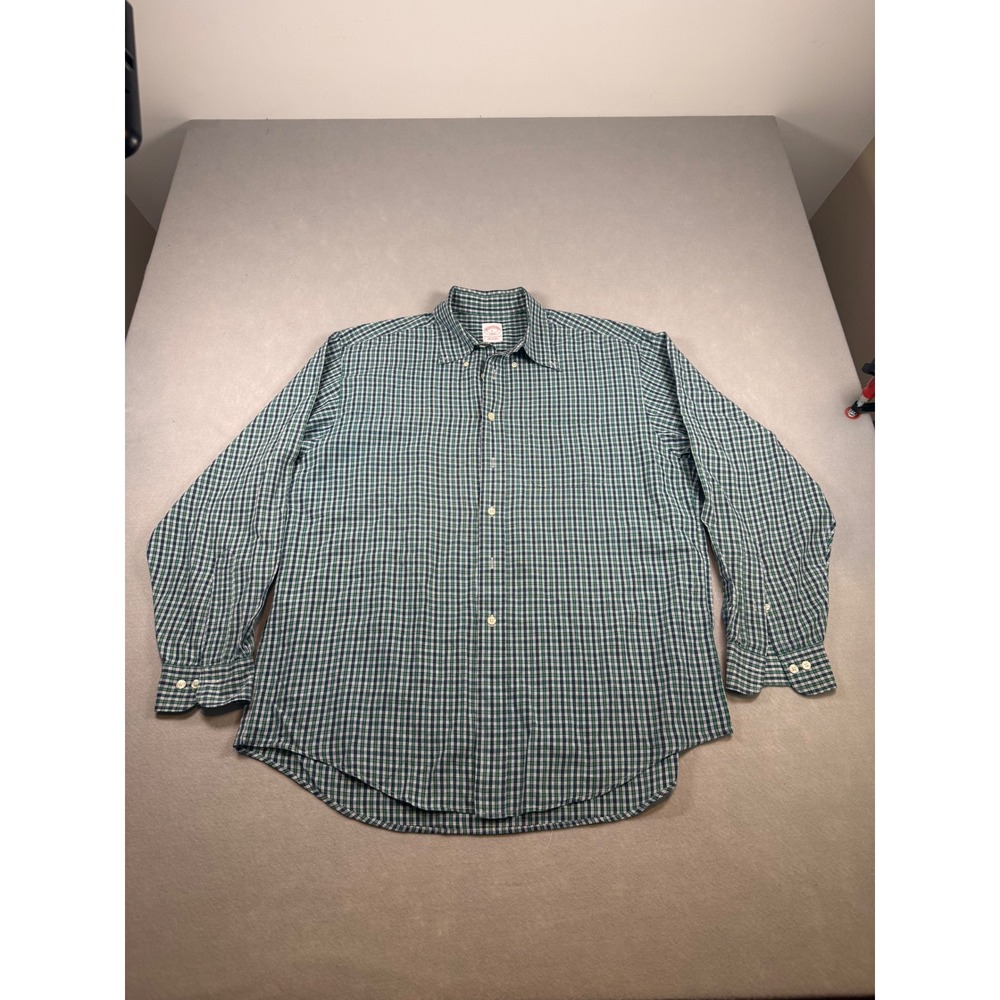 Brooks Brothers 346 Mens Large Green Plaid Cotton Long Sleeve Button Down Shirt